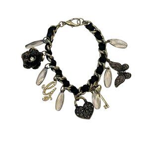 Vintage GUESS Silver Black Charm Bracelet Chunky Y2K Heart Butterfly Lock Flower